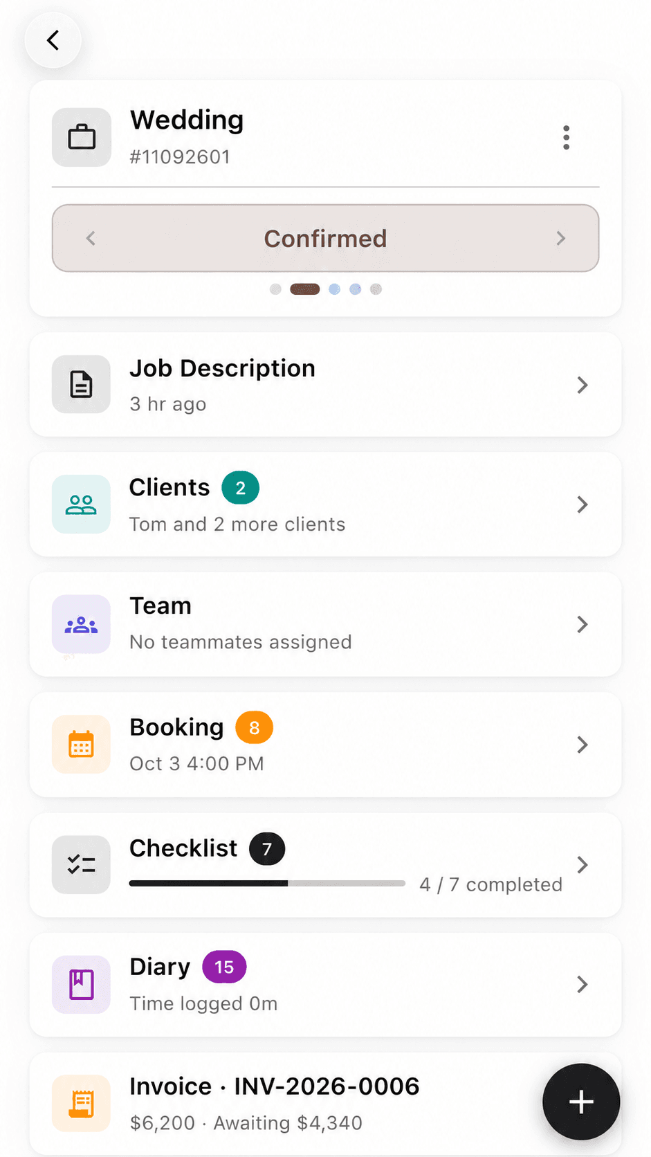 A wedding job with clients, checklist, diary and invoice